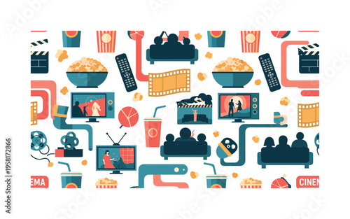 cinema night motifs seamless pattern, popcorn bowls, drinks, remote controls, viewers on sofas, TV screens and film icons arranged in a repeating pattern,