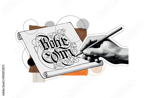 calligraphy artist holding parchment with completed letters abstract semicircles lines and geometric blocks symbolizing mastery and artistry black and white