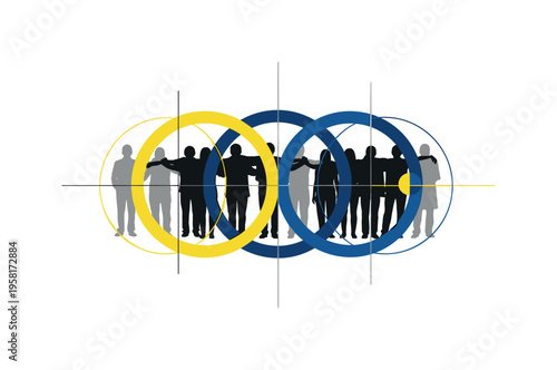 Modern graphic collage of layered black-and-white tool silhouettes arranged like architectural forms, vivid orange circular accent emphasizing the central