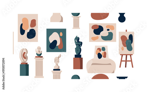 Contemporary art gallery with abstract canvases, sculptures and decorative pedestals in artistic arrangement, seamless pattern, repeating pattern, surface