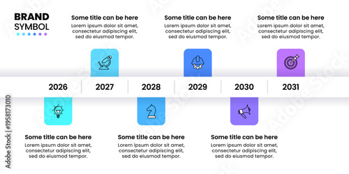 Infographic template. Horizontal timeline with 6 steps and years