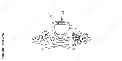 Sweet Fondue Scene. Minimalistic one-line drawing chocolate fondue pot on a small stand with dipping forks and treats nearby, continuous single black line on