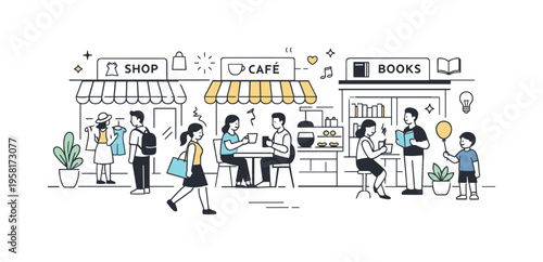 Mixed-use complex retail level. Ground-floor retail with small shops and cafes, people browsing and interacting calmly. Friendly commercial atmosphere with