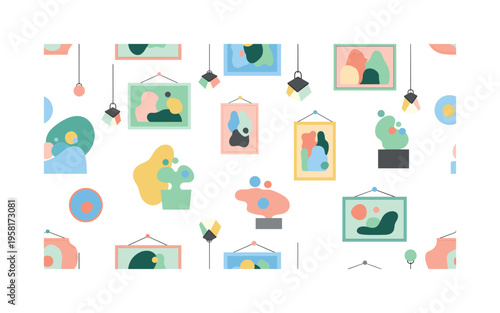 Art exhibition hall with frames, abstract paintings, sculptures and spotlights in playful layout, seamless pattern, repeating pattern, surface design, textile
