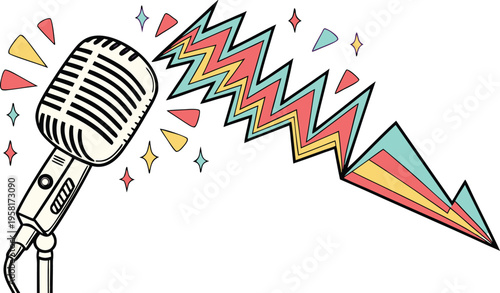 Retro microphone vector illustration with colorful zigzag sound waves and sparkles on a white background, representing podcasting, music broadcasting, and live stage performances.