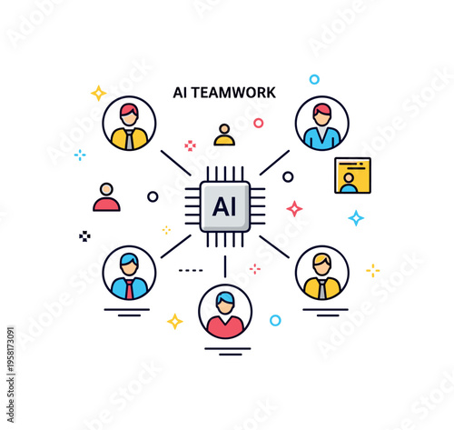 AI powered teamwork scene showing a group of people icons connected with a central AI processor symbol coordinating tasks. The visual reflects collaboration