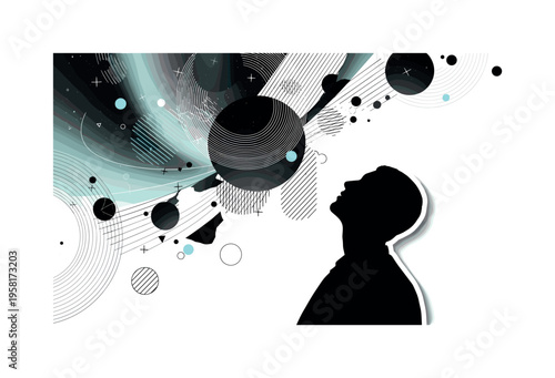 human figure gazing at aurora borealis abstract circles lines and geometric shapes representing awe and celestial wonder black and white retro human silhouette