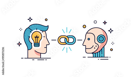 Collaborative intelligence concept featuring a human profile connected with a robotic head through a glowing data link icon. The scene represents the exchange