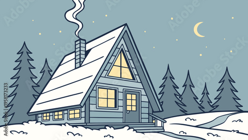 A-frame cabin in a snowy winter forest at night with warm glowing windows and smoke from the chimney vector illustration scene.