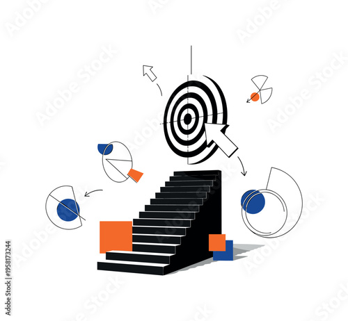 black and white staircase leading upward toward a large target suspended in space, white outline cut-out effect, floating geometric circles and guiding arrows