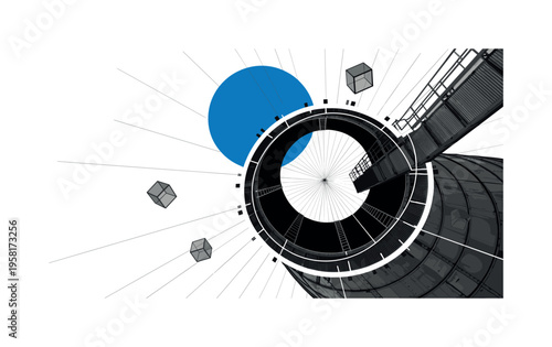 empty silo interior with circular catwalk structure near the top, black and white cut-out metal walkway with white contour outline, bold blue circle above