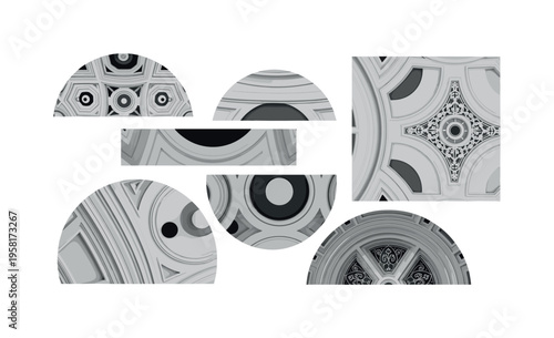 ornate decorative ceiling, geometric semicircles circles and abstract shapes representing pattern and elegance, black and white retro realistic ceiling details