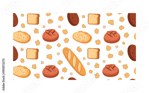 cooking bread crumbs seamless pattern, breadcrumbs, sliced bread pieces, baguette crumbs, and small flakes arranged in a repeating pattern, white background