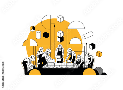 black and white team of builders assembling foundation blocks for a house, cut-out figures with white outline effect, bold yellow circle behind symbolizing