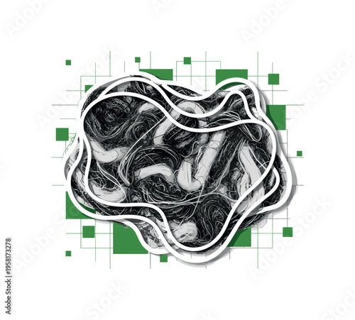 Close-up monochrome recycled fabric fibers forming textured abstract shape, surrounded by small green square accents and thin grid lines referencing circular