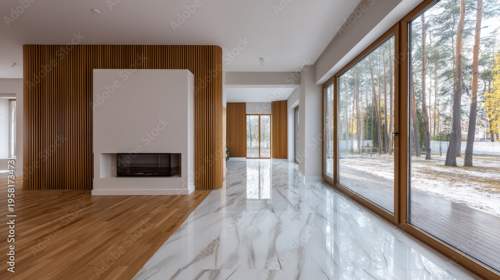Obraz premium Modern living room with marble floor, large glass windows, wooden accent wall, fireplace, and forest view creates bright, spacious atmosphere