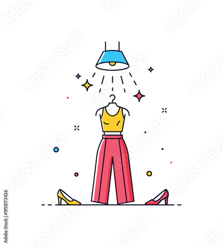 Runway fashion as art expressive outfit displayed under a simple spotlight while star sparkles suggest a gallery like presentation of fashion as artistic