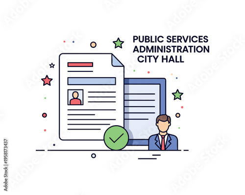 Public services administration city hall outline combined with a document icon and checkmark, symbolizing permits, records, and citizen support. A modern