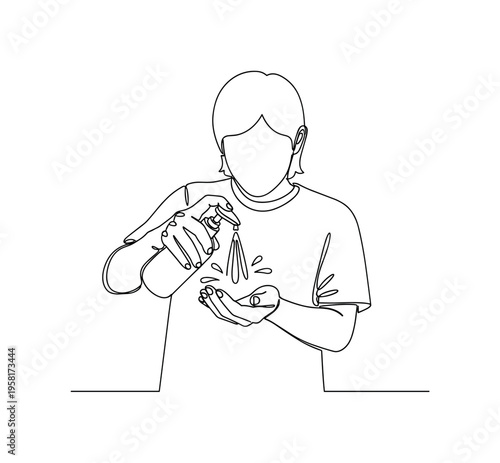 Sanitizing Hands. Minimalistic one-line drawing person applying hand sanitizer with small droplets representing cleanliness and hygiene, continuous single