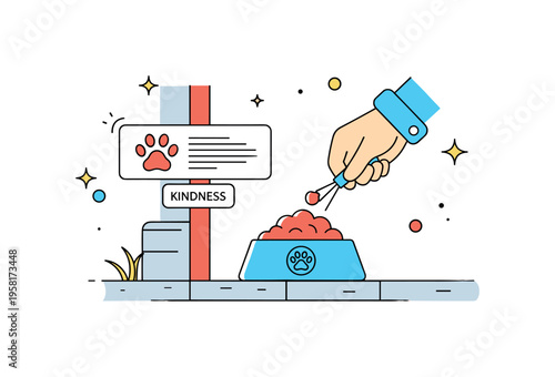 Feeding stray animals compassion concept with a small bowl of food placed gently on a sidewalk. Subtle paw print icon and a short ?Kindness? text detail