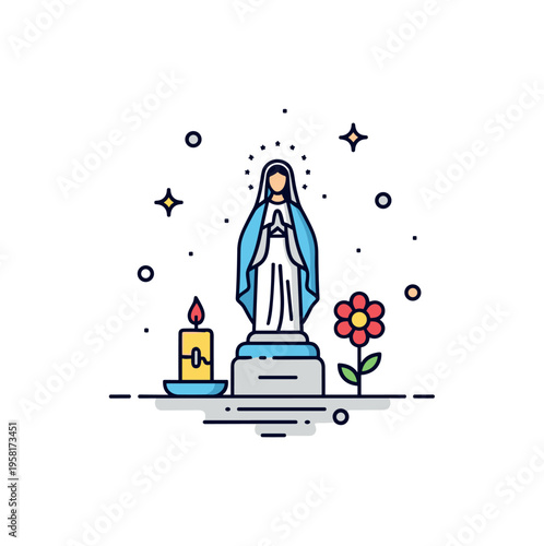 Marian shrine concept centered on a small statue of Mary with a candle and flower placed beside the pedestal. Gentle devotional scene symbolizing respect,