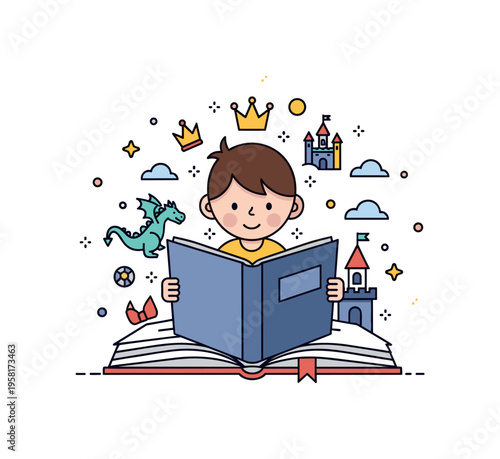 Curious storybook child character child reading a large open book while small fantasy elements like a crown, dragon, and castle appear around the pages. The