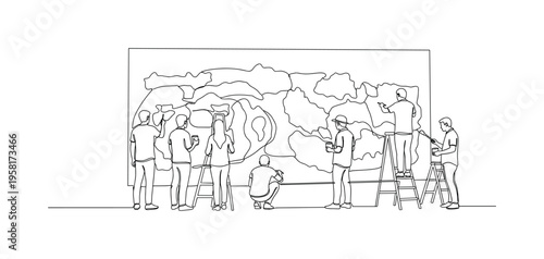 Community Mural Project. Minimalistic one-line drawing multiple people working together painting wall mural, continuous single black line on white background,