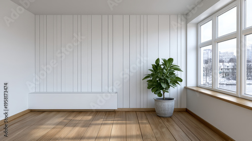 Minimalist interior with white wall, wooden floor, large window, and green potted plant, natural light, peaceful atmosphere