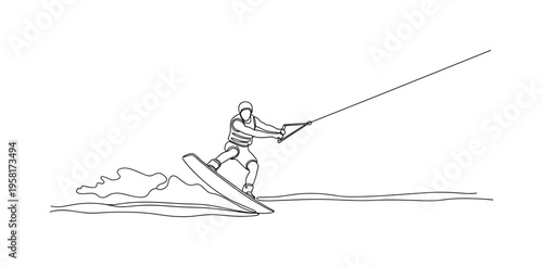 Wakeboarding Tow Rope. Minimalistic one-line drawing wakeboarder holding tow rope while gliding across water surface, continuous single black line on white