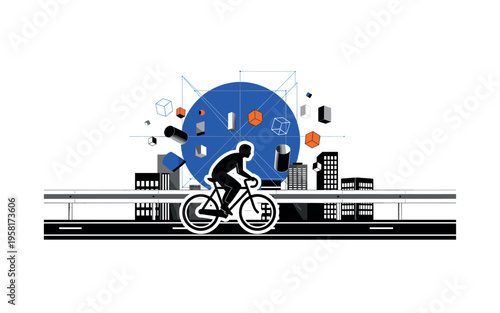 retro style black and white cyclist passing by urban buildings along a protected bike lane, figure cut out with white contour outline, bold blue circle behind