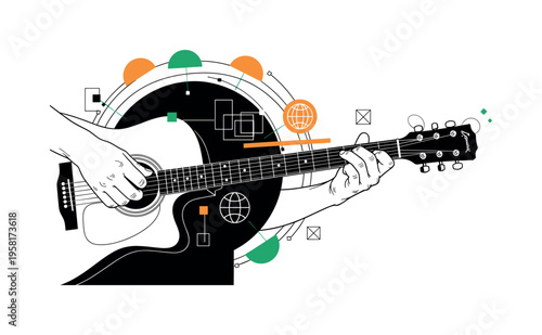 human hand strumming acoustic guitar with world symbols abstract semicircles lines and geometric blocks symbolizing interconnected musical traditions black and