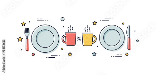 Family breakfast time concept centered on two simple plates and mugs placed opposite each other, expressing shared morning moments and connection.