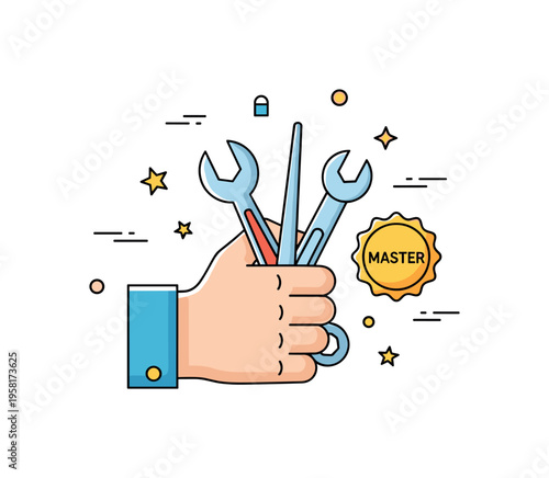 Master craftsmanship concept centered on a skilled hand holding refined tools with a small star badge marked ?Master?. The visual expresses professional