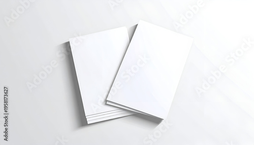 Stack of blank white flyers or brochures on a white surface with space for text