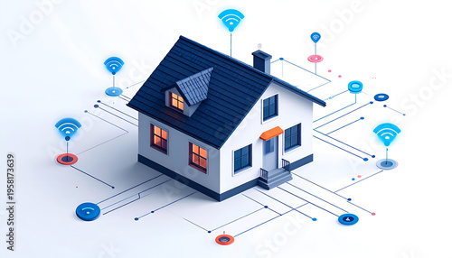 Smart home automation system house connected to wireless network 3D render