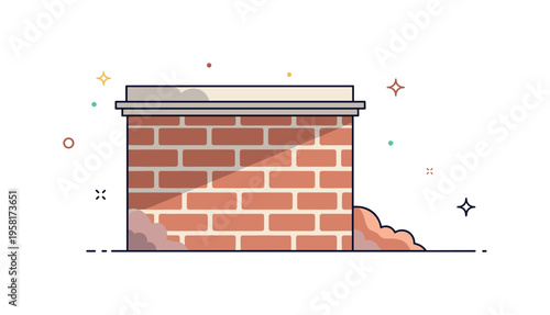 Sun faded brick wall brick surface with softened colors and slight discoloration caused by long exposure to sunlight and weather. Quiet architectural scene