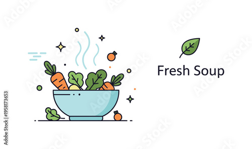 Healthy vegetable soup fresh bowl filled with stylized carrots, greens, and herbs while gentle steam curls upward. A small leaf icon and the words Fresh Soup