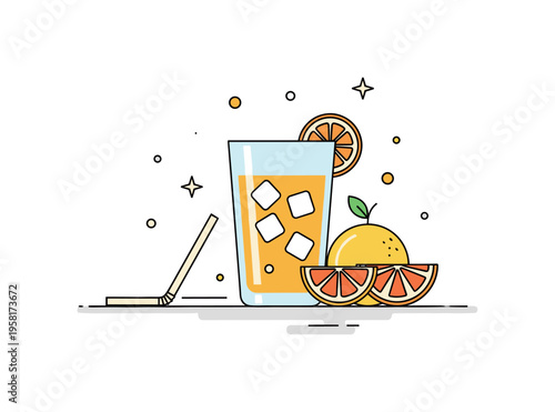 Cold juice glass on a sunny day with a chilled citrus drink placed beside a simple straw and fruit slices. The scene captures bright summer flavors and