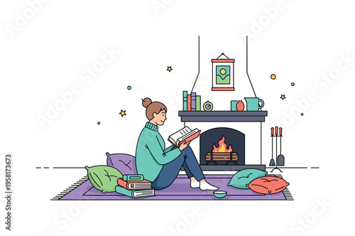 Sitting by the fireplace with a good book, a cozy rug beneath and scattered cushions around, creating a serene and inviting reading nook. Minimalist flat