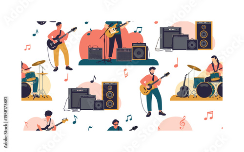 live guitar performance seamless pattern, guitarists playing on stage, electric and acoustic guitars, amplifiers, speakers, and music notes arranged in a