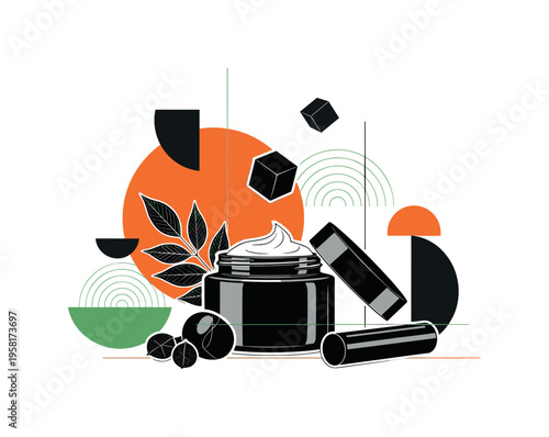 retro cosmetic jar with cream and botanical leaves arranged as organic skincare production concept, black and white cut-out objects with white contour outline,