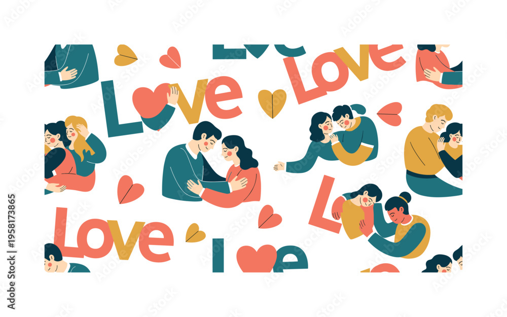 Naklejka premium expressing love seamless pattern, romantic partners sharing feelings, letters, hearts, hugs and gentle touches arranged in a repeating pattern, white