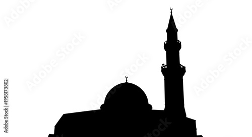 Silhouette of a Mosque Minaret and Dome against a White Background - Islamic Architecture Symbol