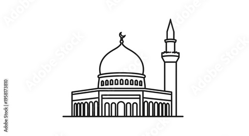 Outline illustration of a mosque with a dome and minaret, representing Islamic architecture and religious structures