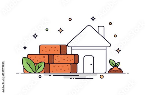 Clay and earth building materials natural clay bricks stacked beside a simple eco house outline with small leaf and soil icons suggesting traditional