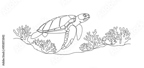 Sea Turtle Near Ocean Floor. Minimalistic one-line drawing turtle gliding above sandy seabed with soft curves, continuous single black line on white