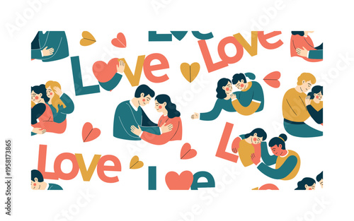 expressing love seamless pattern, romantic partners sharing feelings, letters, hearts, hugs and gentle touches arranged in a repeating pattern, white