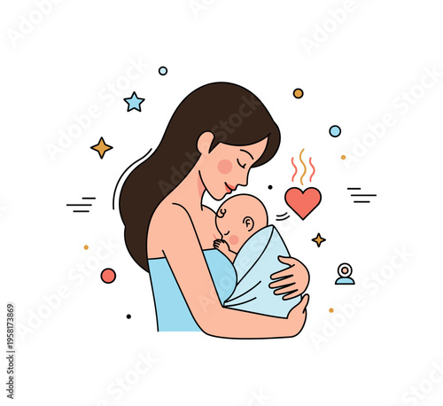 Skin to skin bonding moment featuring a mother holding her newborn against her chest wrapped in a light blanket. Soft heart and warmth symbols create a gentle