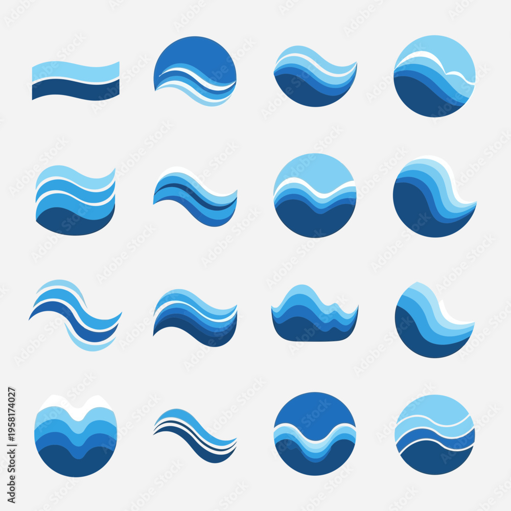Fototapeta premium Elegant vector collection of diverse blue wave symbols and fluid motion logos, ideal for modern branding, aquatic themes, and eco-friendly design projects