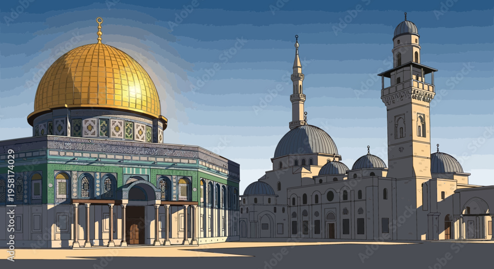 Naklejka premium Iconic Golden Dome of the Rock and Al-Aqsa Mosque complex in Jerusalem, showcasing Islamic architecture